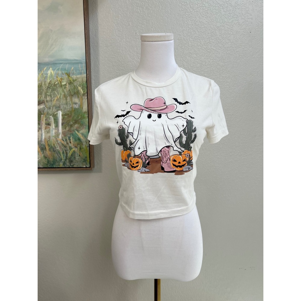 White Halloween Cowboy Ghost Crop Top Tee Pink Hat Boots Size M US 6